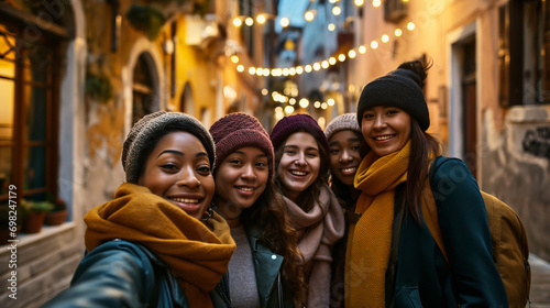 A group of women friends standing side by side on a street, surrounded by warm, inviting lights