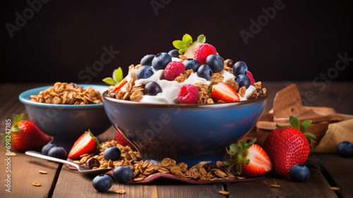 Picture of two bowls filled with granola, topped with fresh strawberries and blueberries. Perfect for healthy breakfast or snack.