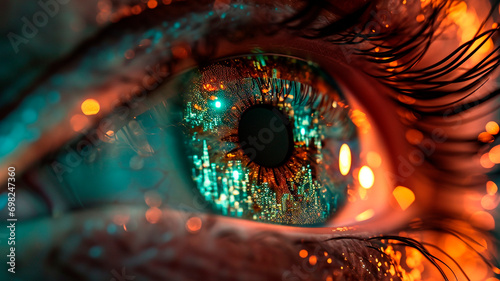 The human eye - decorated with a mesmerizing interweaving of iridescent veins and holographic elements. illustration of the work of nanotechnology in the human body. Generative AI