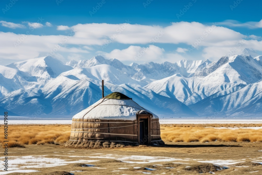 Yurt nomad house stands in the Asian steppe with mountains background