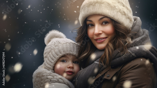 Woman holding baby in warm winter coat. Suitable for family and parenting themes.