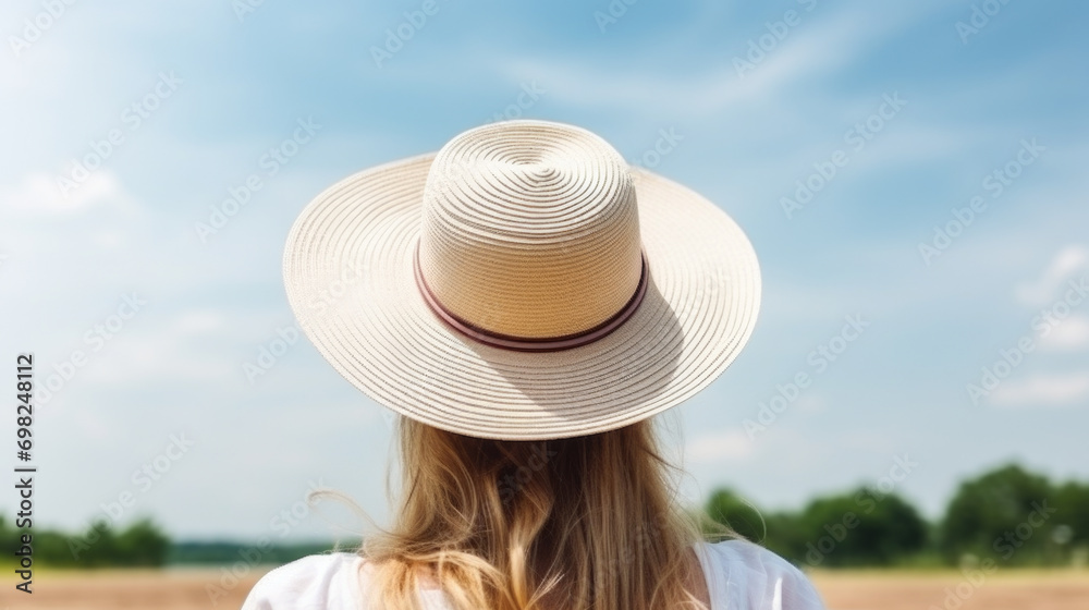 Woman wearing hat standing in field. Perfect for outdoor lifestyle and fashion themes.
