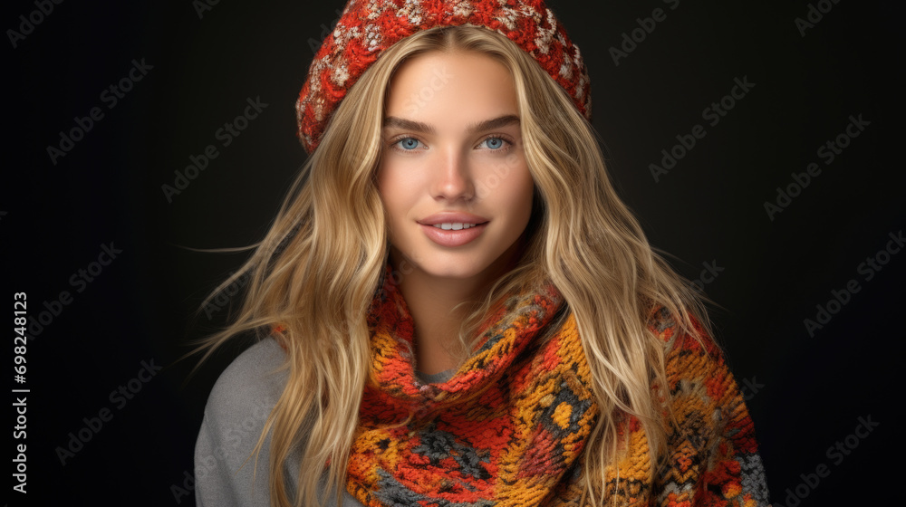 Fototapeta premium Woman is pictured wearing scarf and hat. This image can be used for fashion or winter-related themes.