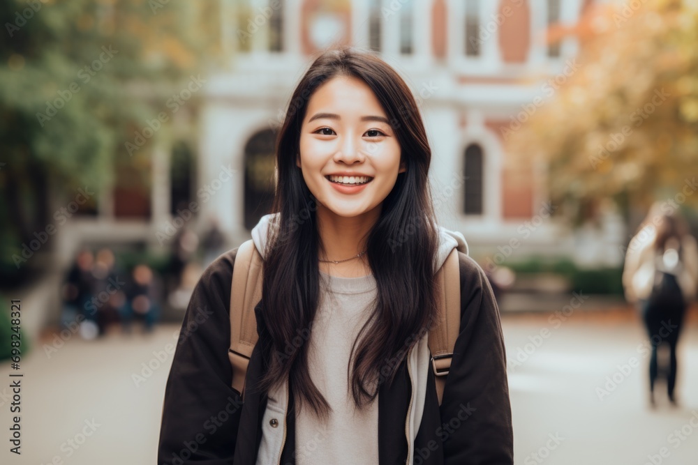 Portrait of a smiling student in front of university Portrait of a smiling student in front of university
