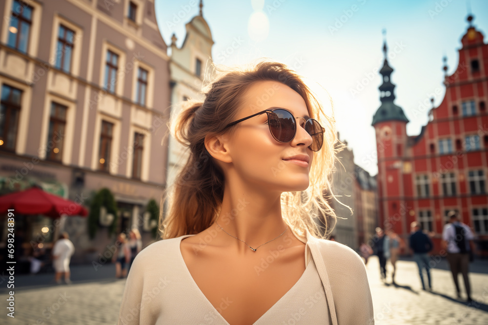 Traveler girl in sunglasses in street of old town in Gdansk. Young tourist in solo travel. Vacation, holiday, trip