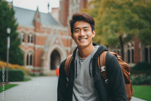 Portrait of a smiling student in front of university