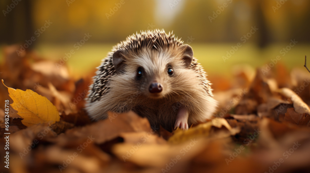 Hedge sitting in pile of leaves. Can be used to depict autumn, nature, or gardening themes. Hedge sitting in pile of leaves. Can be used to depict autumn, nature, or gardening themes.