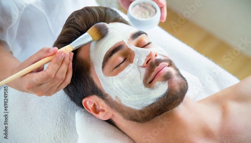 Man receiving a Facial Clay Mask in Wellness Resort or Spa - Relaxation and Skin Care done by Beautician