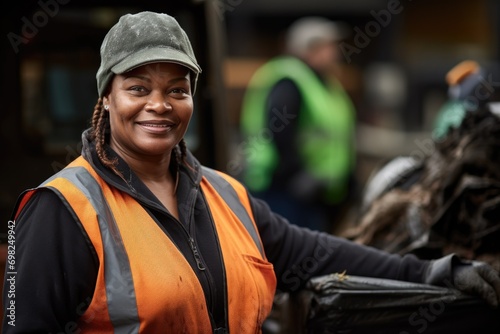 Portrait of smiling woman sanitation worker by garbage truck
