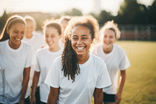 Group portrait of female soccer team on football field