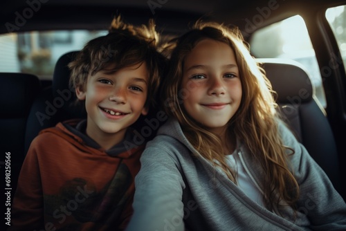 Portrait of a young brother and sister in backseat of car