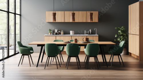 Dining room featuring wooden table and green chairs. Suitable for home decor and interior design projects. © vefimov