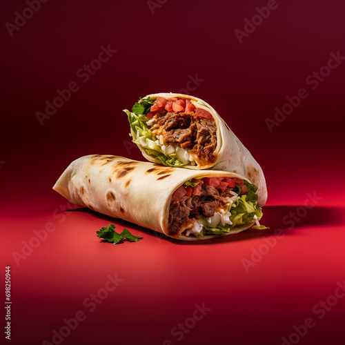 Pork, Chicken Shawrma wrap with red background photo