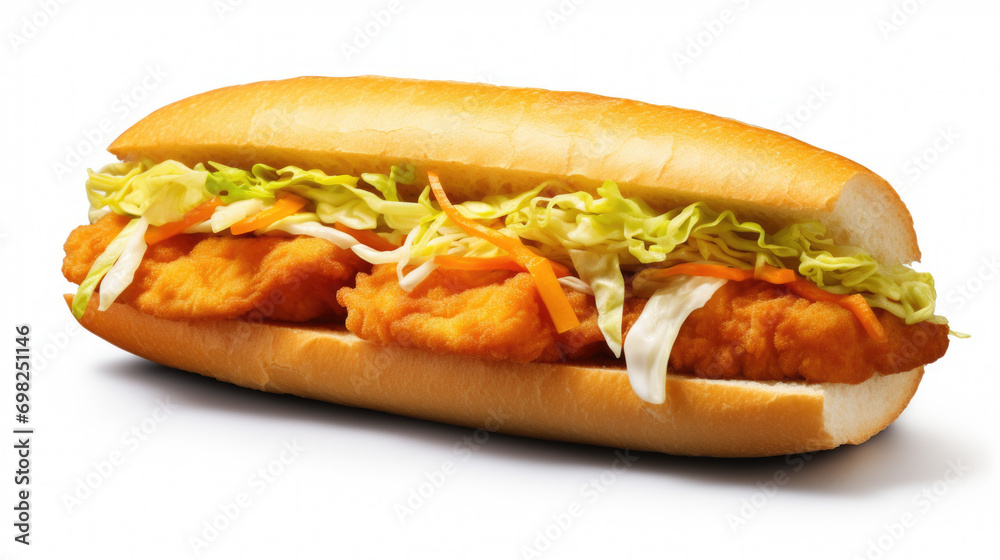 Delicious fish sandwich topped with fresh lettuce and coleslaw. Perfect for quick and satisfying meal. Can be used in food-related articles or restaurant menus. Delicious fish sandwich topped with fresh lettuce and coleslaw. Perfect for quick and satisfying meal. Can be used in food-related articles or restaurant menus.