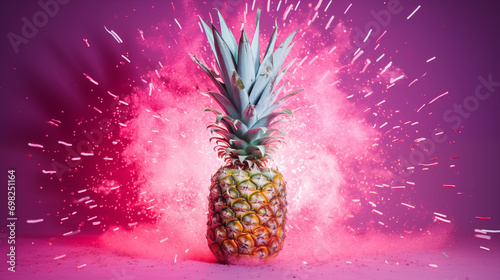 an image of an isolated pineapple with pink splash on pink background photo