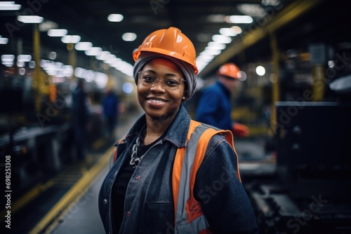 Portrait of a smiling young woman in factory