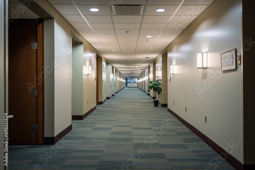 Modern corporate building hallway with glass walls and LED lighting