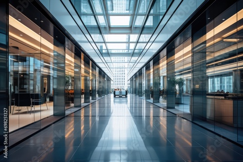 Modern corporate building hallway with glass walls and LED lighting