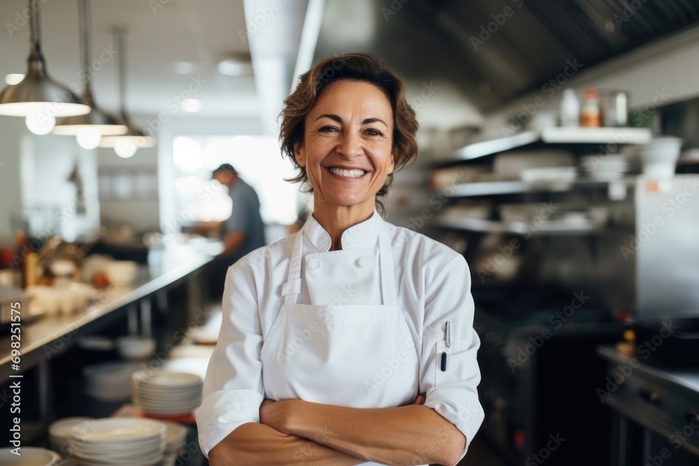Portrait of a middle aged female chef in the kitchen Portrait of a middle aged female chef in the kitchen