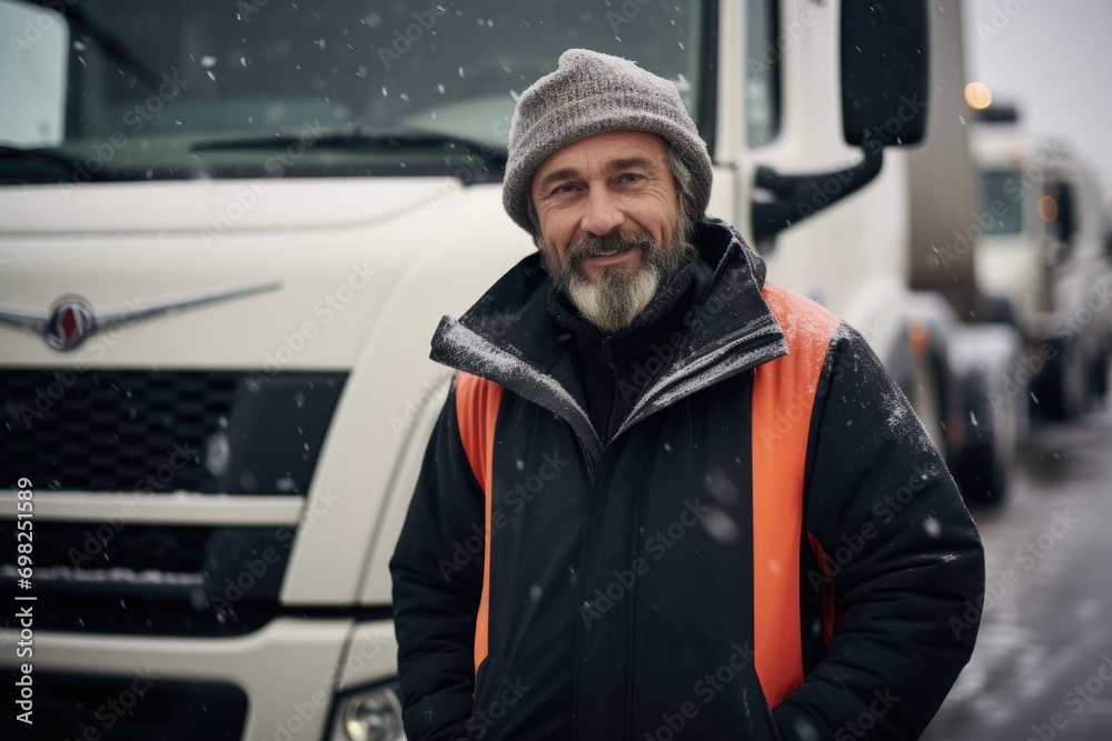 Portrait of a middle aged truck driver during winter