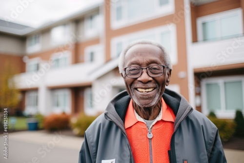 Portrait of a senior man outside nursing home during winter photo
