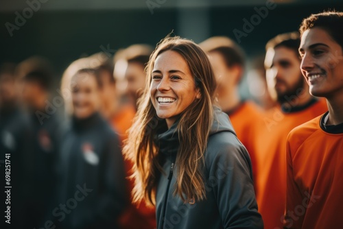 Portrait of a smiling female coach during practice with soccer team