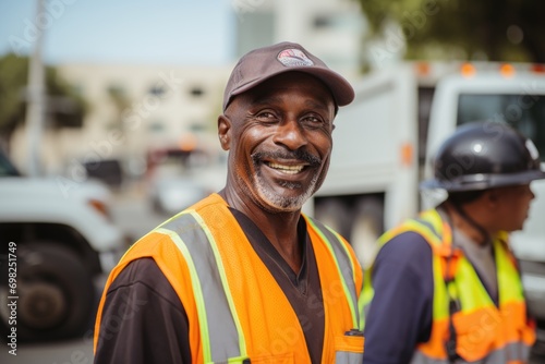 Portrait of smiling man sanitation worker by garbage truck