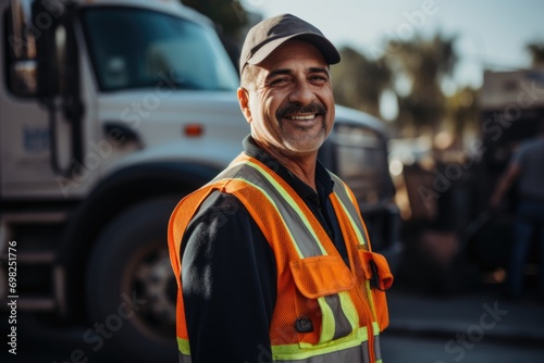 Portrait of smiling man sanitation worker by garbage truck
