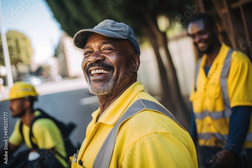 Portrait of smiling man sanitation worker by garbage truck © CojanAI