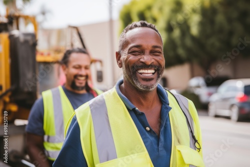 Portrait of smiling man sanitation worker by garbage truck photo