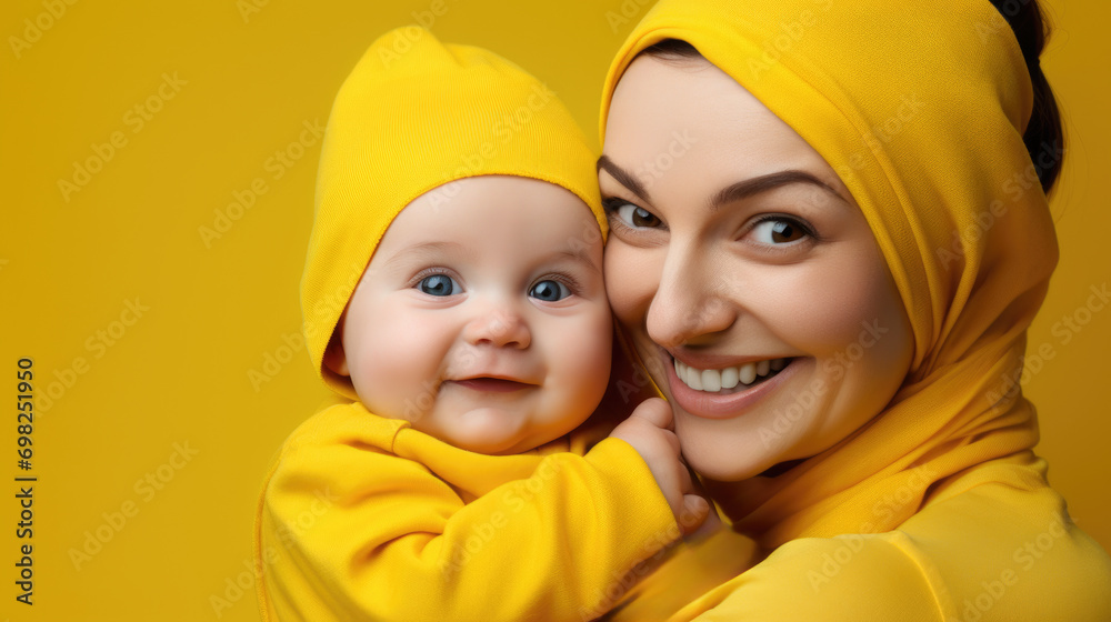 Woman holding baby dressed in yellow outfit. Perfect for family, parenting, and childcare-related themes.