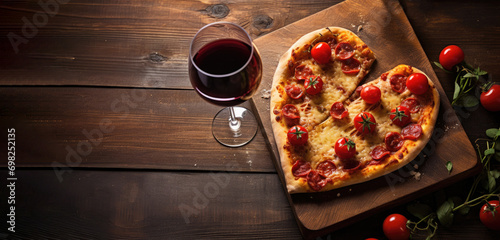 Pizza in the shape of heart with wine for St. Valentine's Day