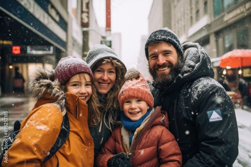 Portrait of a young family in the city during winter