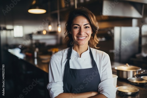 Portrait of a middle aged female chef in the kitchen photo
