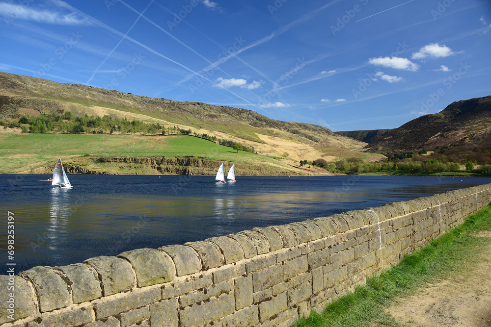 Reservoir on a sunny day with sailboats, Peak District