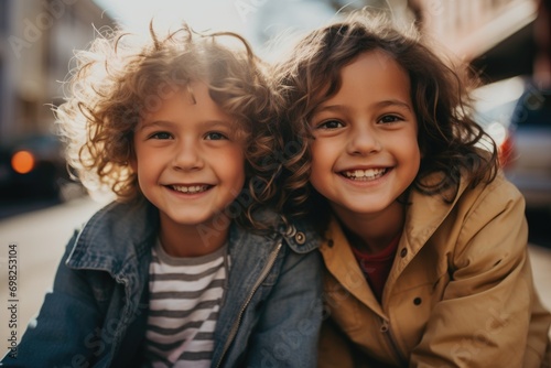 Portrait of a young brother and sister in backseat of car