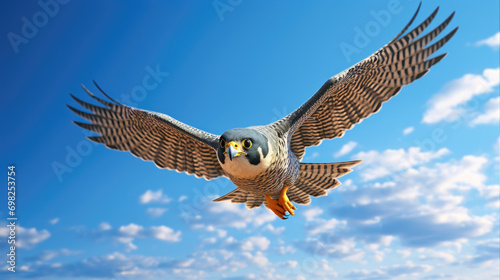 Picture of large bird flying through clear blue sky. This image can be used to depict freedom, nature, and open spaces.