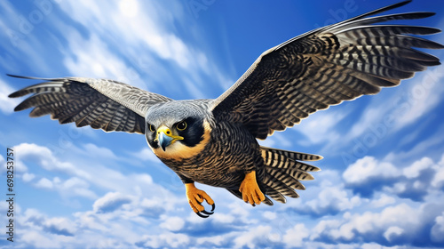 Bird of prey soaring through sky. Perfect for nature and wildlife enthusiasts. photo