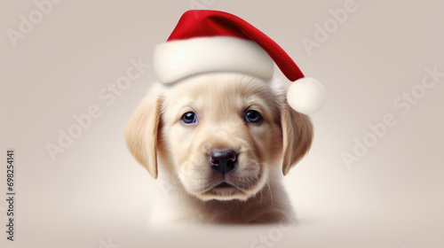 Cute puppy wearing Santa hat and gazing directly at camera. Perfect for holiday-themed projects. © vefimov