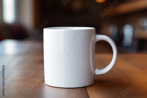 A mock-up blank white template for text or logo on coffee mugs in modern cozy interior.