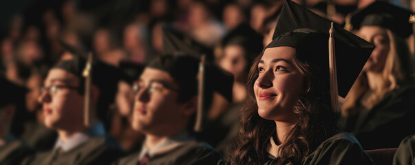 Group of college students in caps and gowns at their graduation ceremony