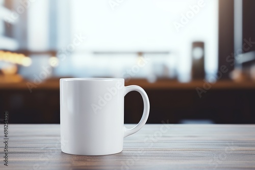A mock-up blank white template for logo on coffee mugs on wooden table.