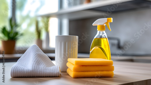 Apartment cleaning concept with detergents and washcloth