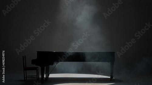Close up shot of classical piano. Beautiful black piano standing in the studio on white background, low light with smoke over it. photo