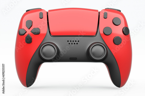Realistic red video game joystick or gamepad on white background photo