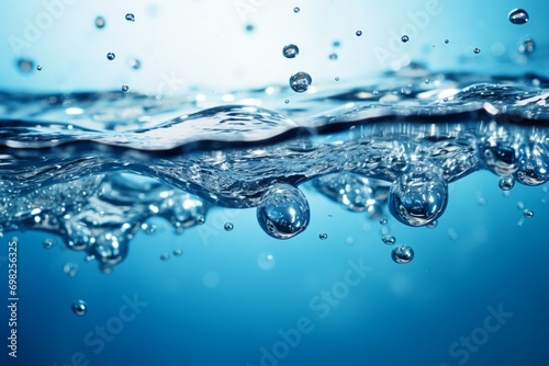 Blue water background adorned with bubbles and glistening water surface