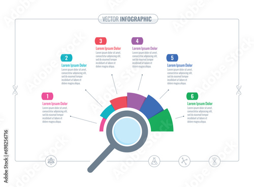 scientific infographic template. six options web, annual report, internet informational template. magnifier infographic template