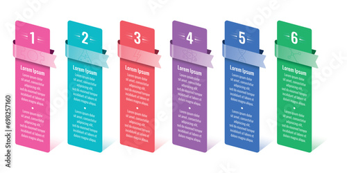 six step statistics briefing template. annual report, internet, web infographic template. card and ribbon informational template