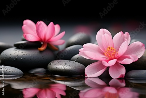 Zen stone with pink flower, creating a harmonious and serene scene