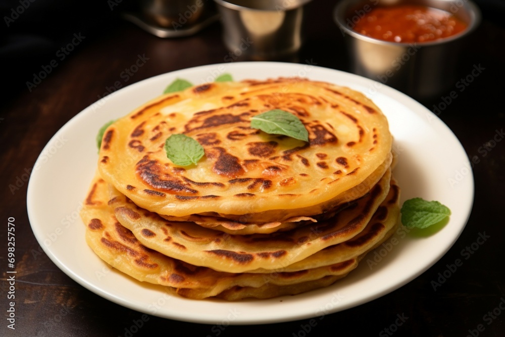 Favorite breakfast paratha, canai, or roti Maryam on a plate